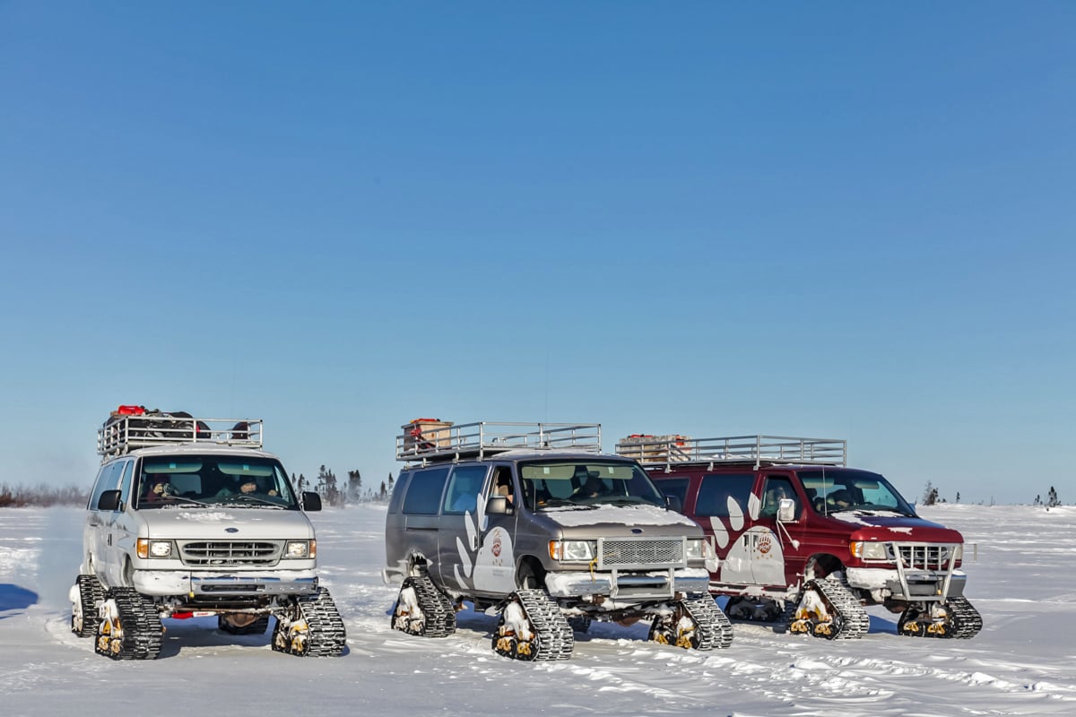 Three tundra vehicles equipped with tracks parked on a snowy terrain